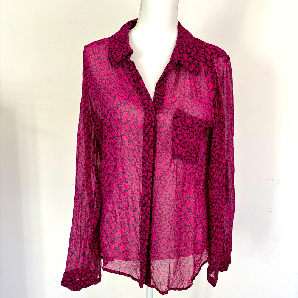 Semi-Sheer Magenta Animal Print Button-Front Blouse